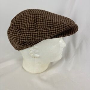 Vintage Brown Wool Flat Cap 7 Houndstooth Tweed 22in Fully Lined USA Union Made
